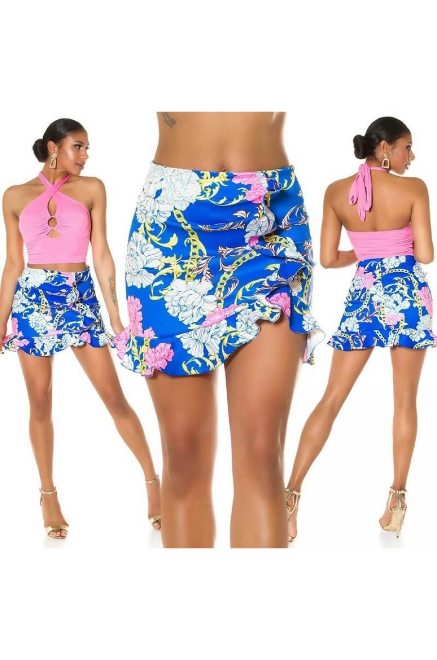 Fusta asimetrica scurta albastra print baroc cu volane Murry 6 - jojofashion.ro