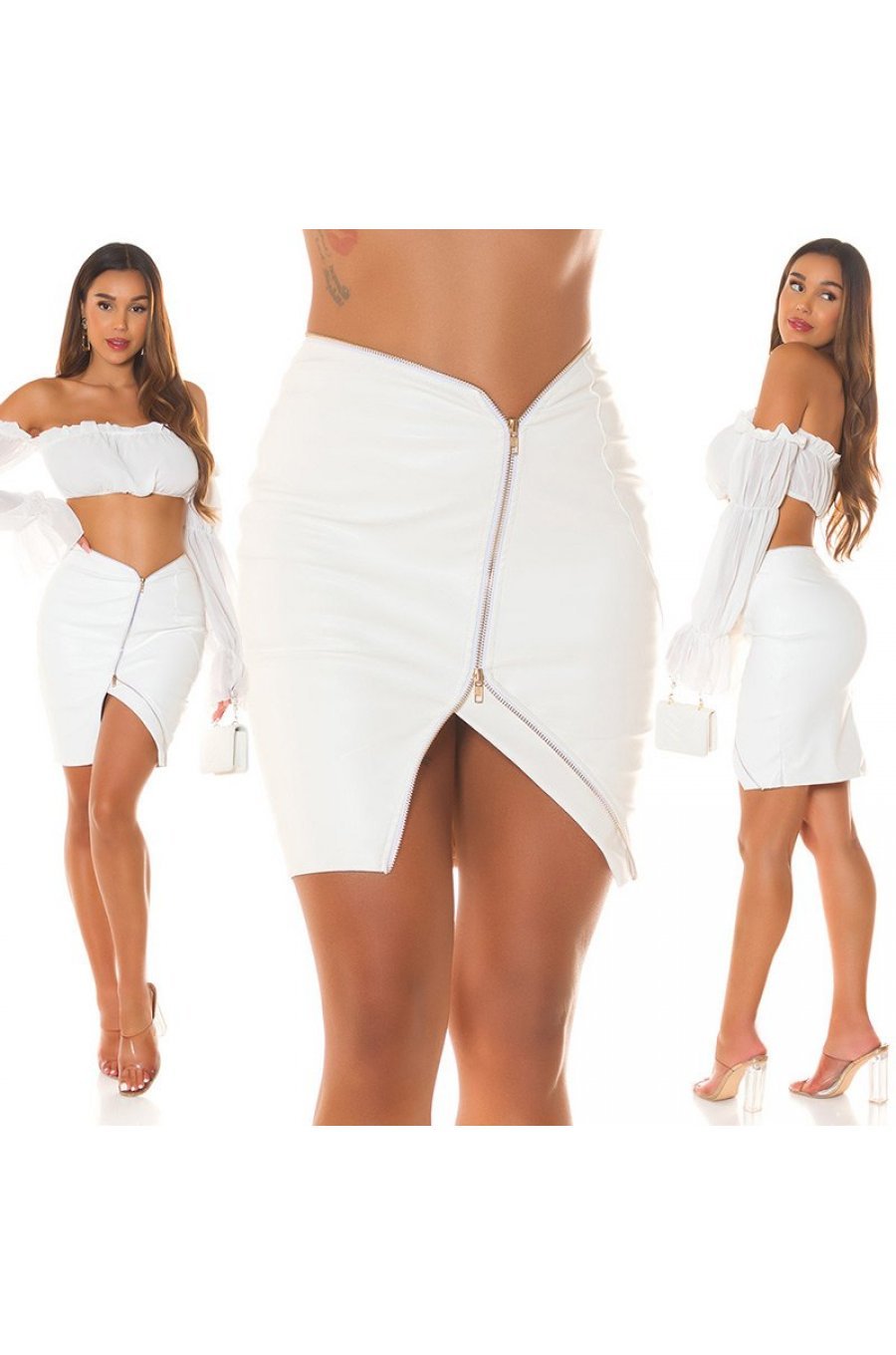 Fusta scurta, din piele eco, alba, mulata, cu fermoar in fata, Mishelle 8 - jojofashion.ro