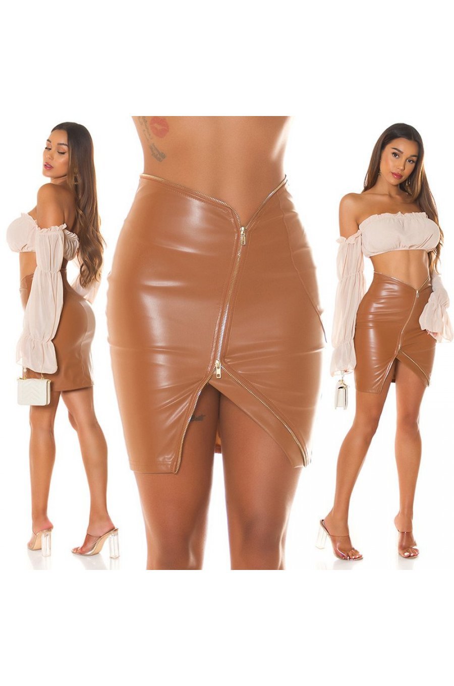 Fusta scurta, din piele eco, maro, mulata, cu fermoar in fata, Mishelle 9 - jojofashion.ro