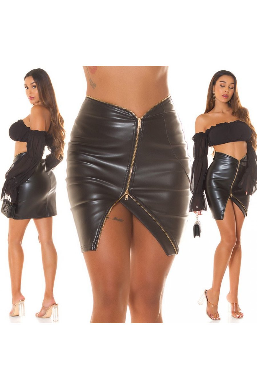 Fusta scurta, din piele eco, neagra, mulata, cu fermoar in fata, Mishelle 8 - jojofashion.ro