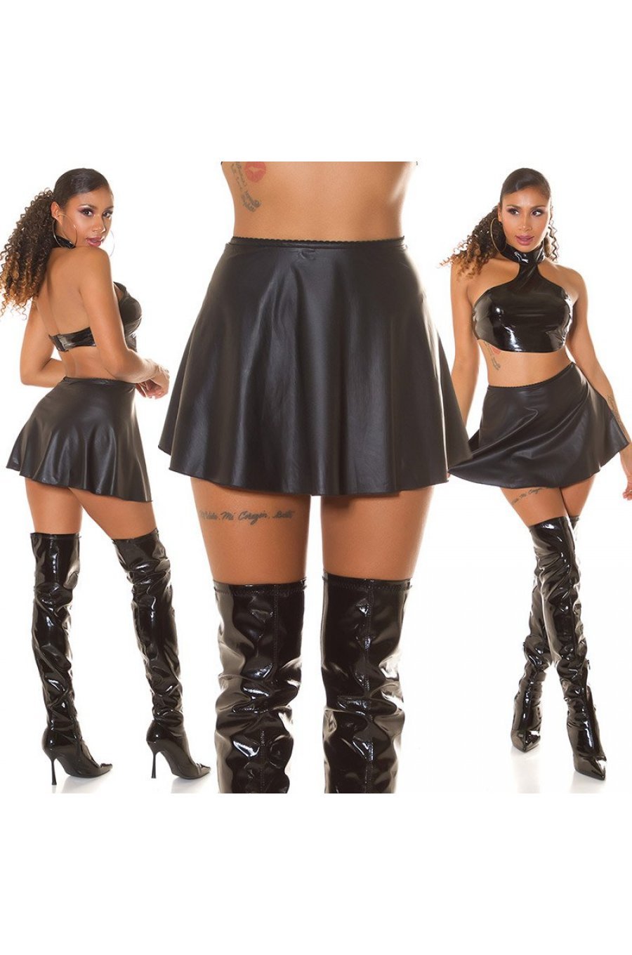 Fusta scurta in clos, imitatie piele neagra, cu talia inalta, Meike 7 - jojofashion.ro