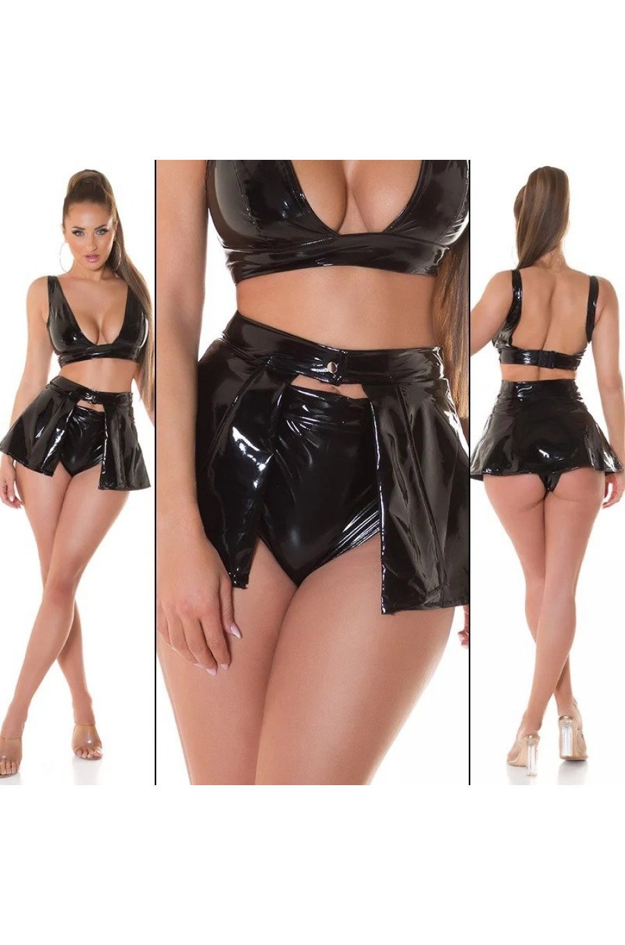 Fusta in clos latex scurta neagra Lambada 5 - jojofashion.ro