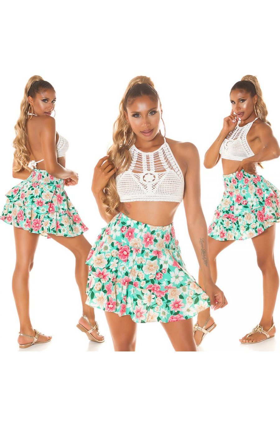Fusta scurta in clos, menta cu flori, cu volane suprapuse, Kamila Fusta scurta in clos, menta cu flori, cu volane suprapuse, Kamila 6 - jojofashion.ro