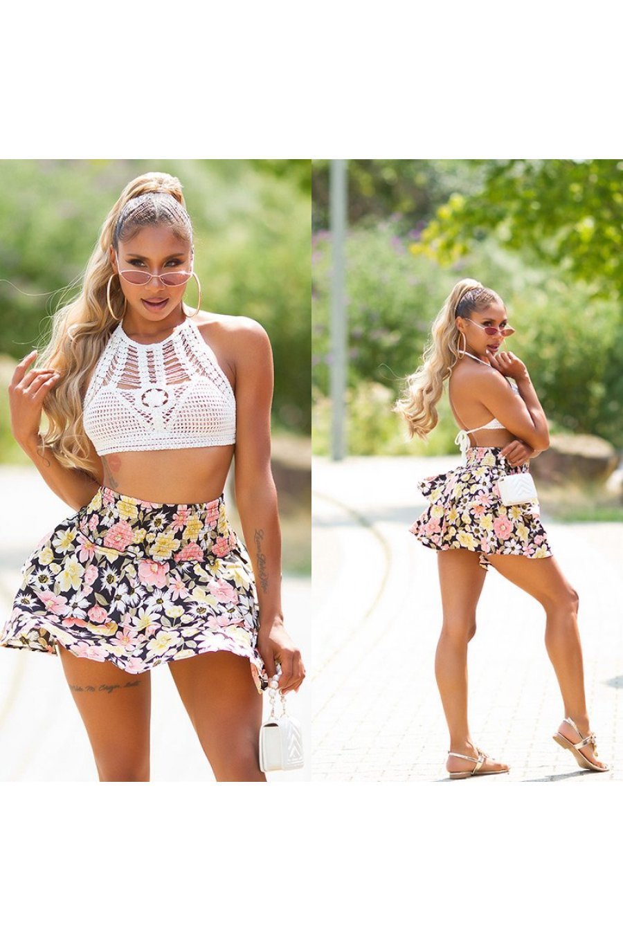 Fusta scurta in clos, neagra cu flori, cu volane suprapuse, Kamila 6 - jojofashion.ro