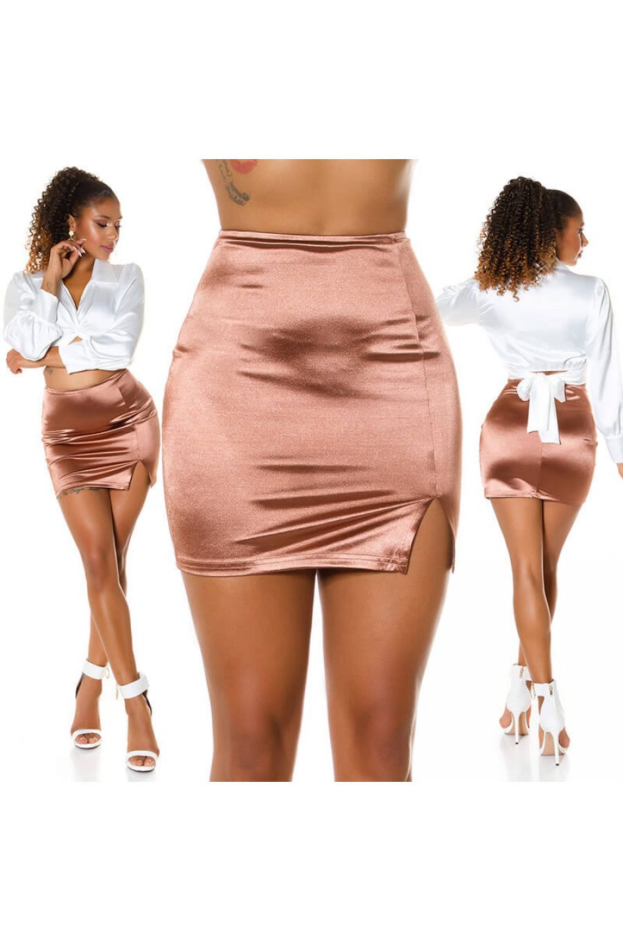 Fusta mulata satin scurta maro Leny 4 - jojofashion.ro
