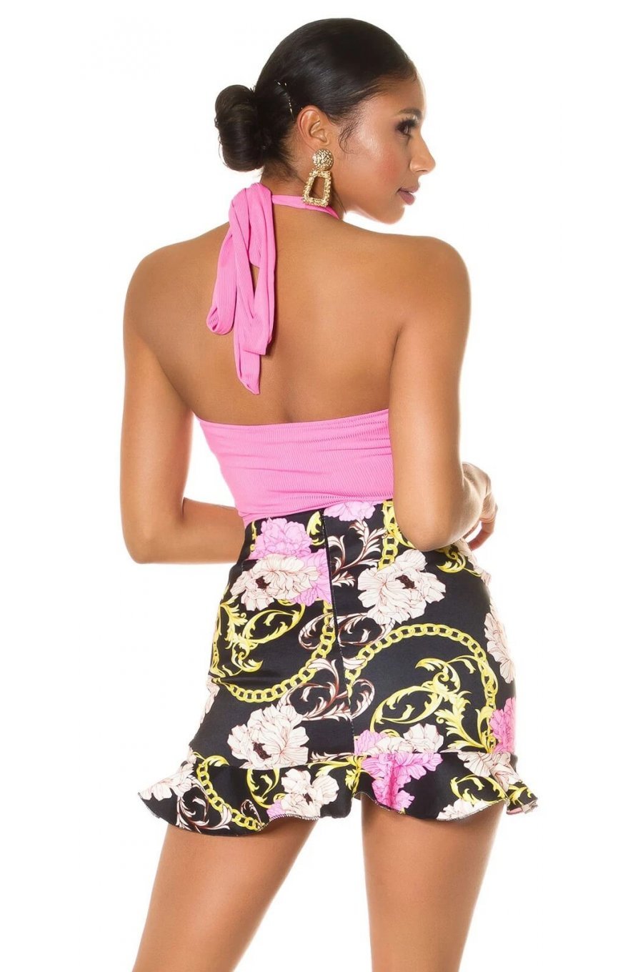 Fusta asimetrica scurta neagra print baroc cu volane Murry 2 - jojofashion.ro
