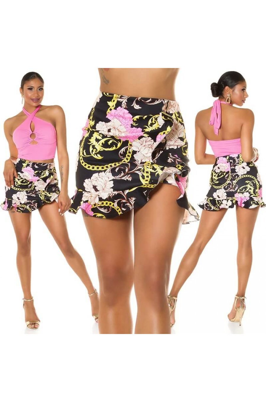 Fusta asimetrica scurta neagra print baroc cu volane Murry 6 - jojofashion.ro