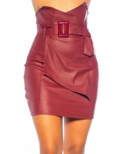 Fusta office piele eco scurta burgundy cu talia inalta Elsie - jojofashion.ro