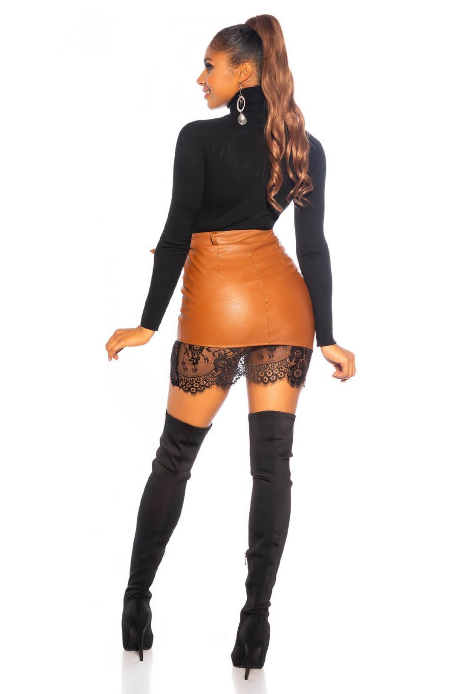 Fusta scurta piele eco maro cu dantela neagra Anny 3 - jojofashion.ro
