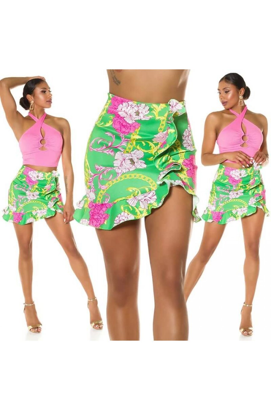 Fusta asimetrica scurta verde print baroc cu volane Murry 5 - jojofashion.ro