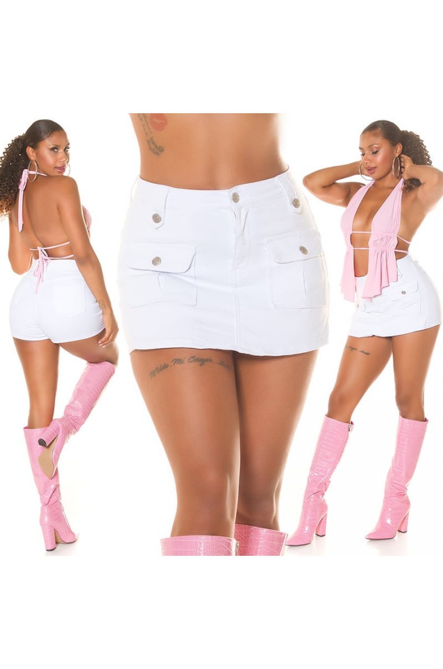 Fusta skort blugi, scurta, alba, cu buzunare frontale, Ferya 5 - jojofashion.ro