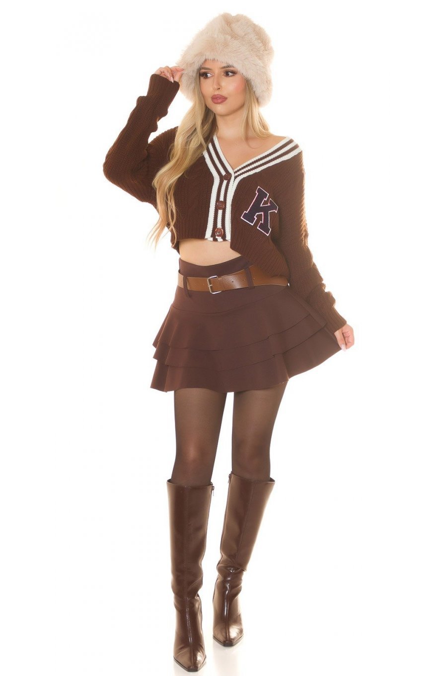 Fusta skort cu volane suprapuse, din vascoza, scurta, maro, cu talia inalta, Luzianne 3 - jojofashion.ro