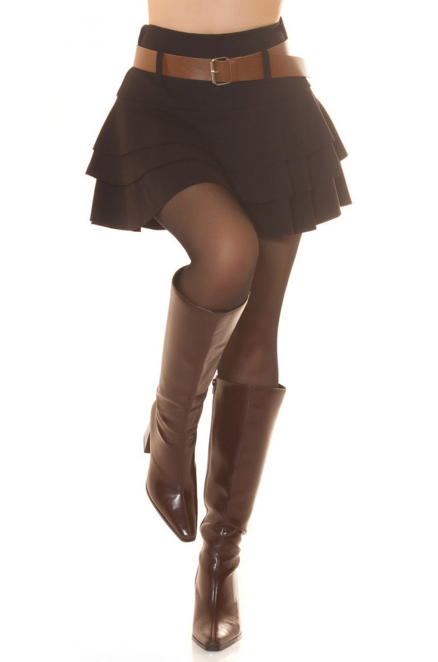 Fusta skort cu volane suprapuse, din vascoza, scurta, neagra, cu talia inalta, Luzianne 1 - jojofashion.ro