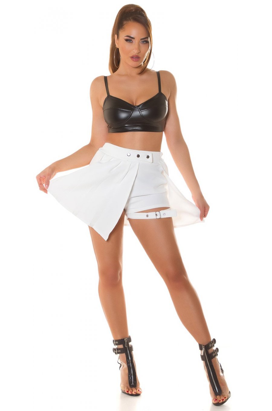Fusta skort in clos, scurta, alba, cu catarama pe picior, Lolera 4 - jojofashion.ro