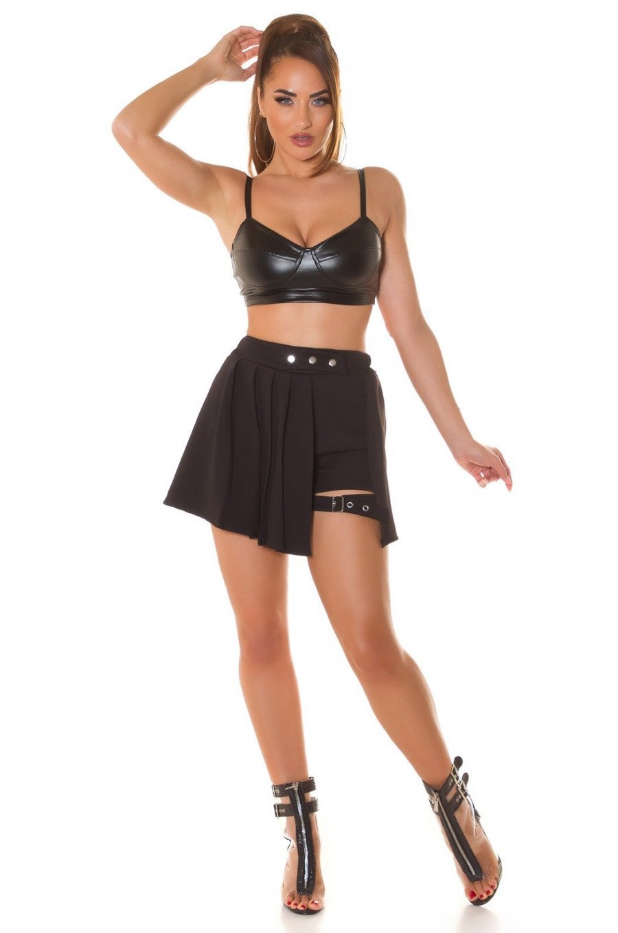 Fusta skort in clos, scurta, neagra, cu catarama pe picior, Lolera 5 - jojofashion.ro