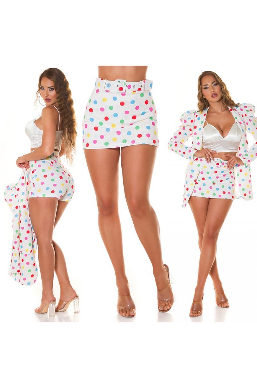 Fusta skort scurta, alba cu buline multicolore, mulata, Shazia 6 - jojofashion.ro