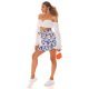 Fusta skort scurta, albastra cu flori galbene, cu volan si cordon, Marlina Fusta skort scurta, albastra cu flori galbene, cu volan si cordon, Marlina 5 - jojofashion.ro