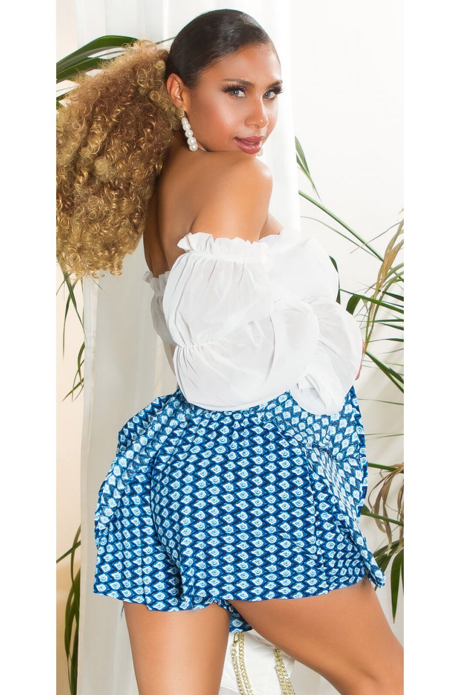 Fusta skort scurta, cu talia inalta, din vascoza, albastra cu print bleu, Selda 3 - jojofashion.ro