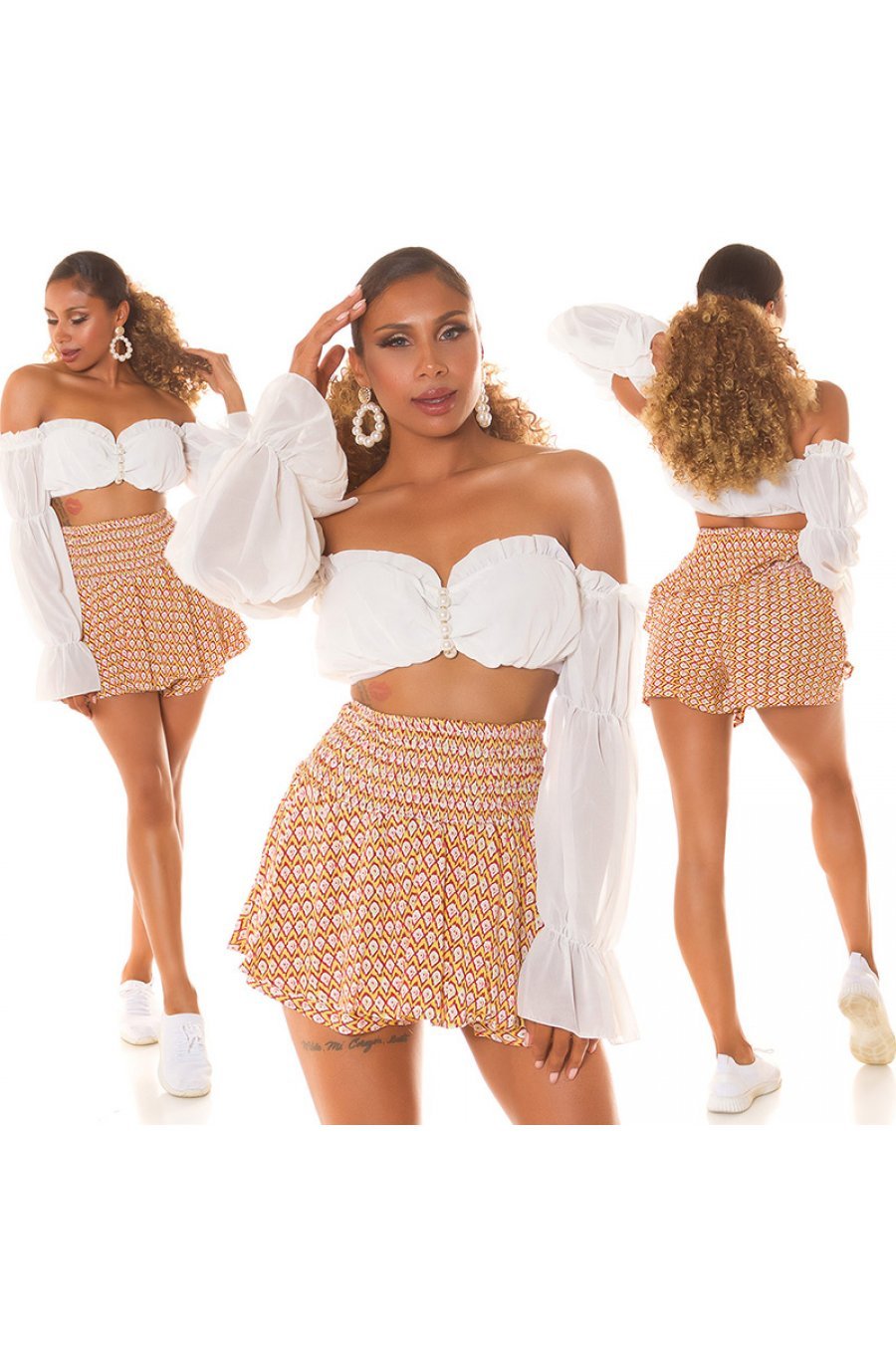 Fusta skort scurta, cu talia inalta, din vascoza, galbena cu print, Selda 9 - jojofashion.ro