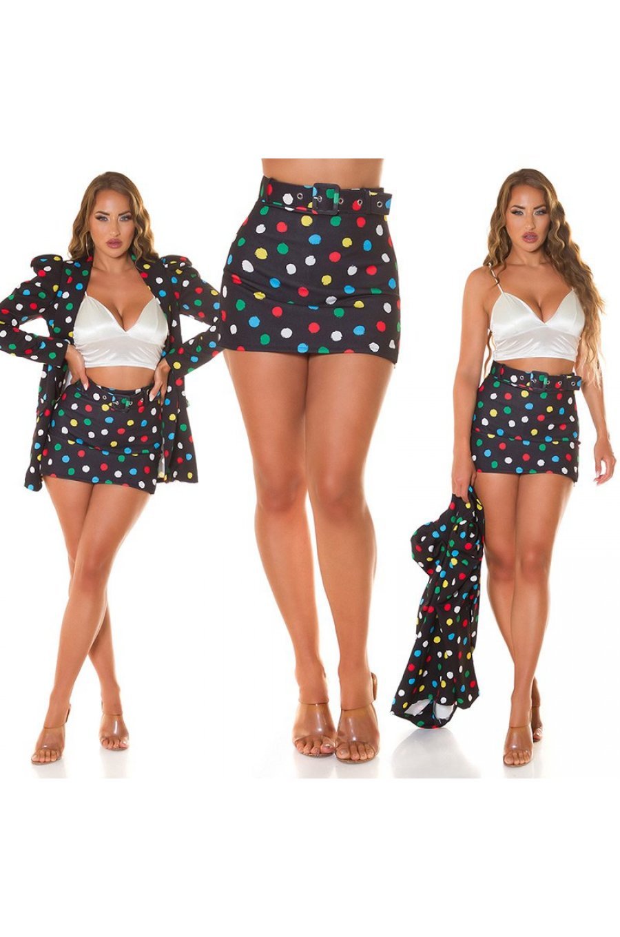 Fusta skort scurta, neagra cu buline multicolore, mulata, Shazia 6 - jojofashion.ro