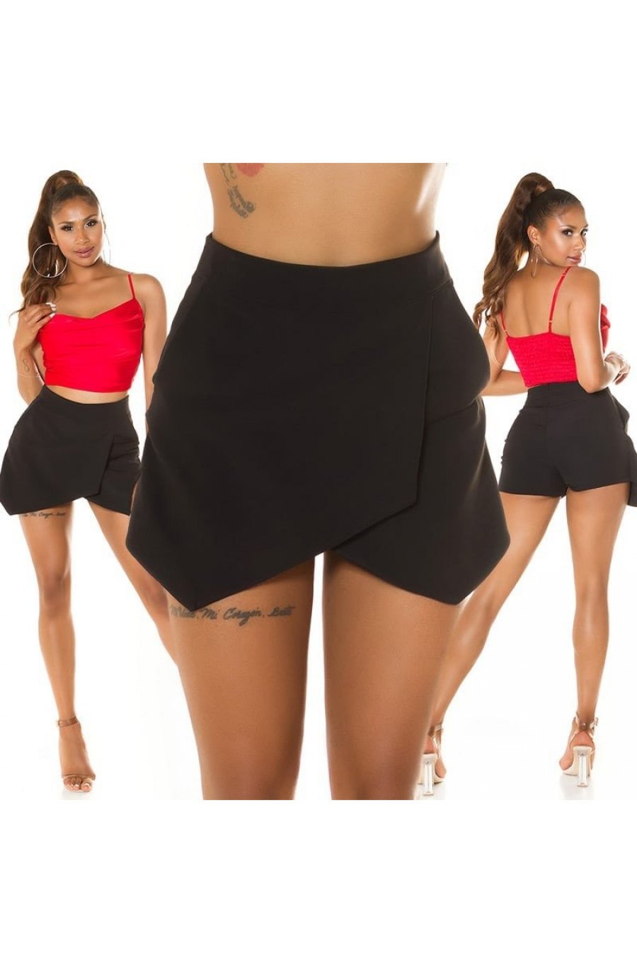 Fusta skort scurta, neagra, cu talia inalta, asimetrica, Marbeth 8 - jojofashion.ro