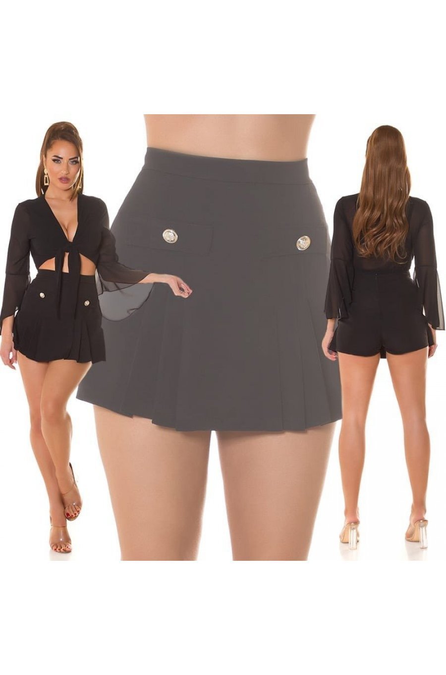 Fusta skort scurta, neagra, plisata, cu nasturi decorativi, Giselle 7 - jojofashion.ro