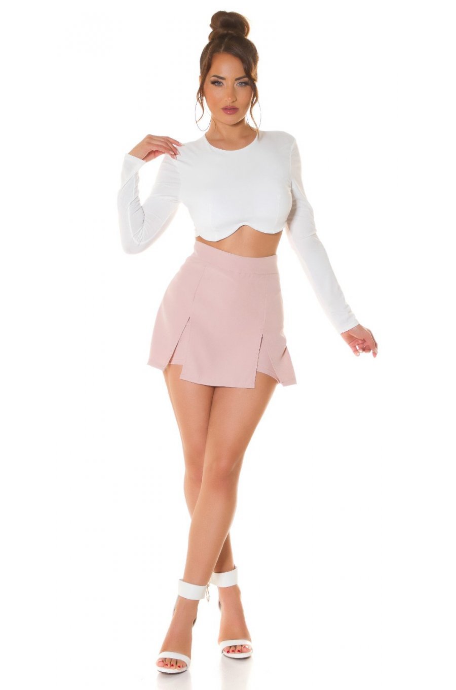 Fusta skort scurta, roz pudra, cu talia inalta, Lucinda Fusta skort scurta, roz pudra, cu talia inalta, Lucinda 7 - jojofashion.ro