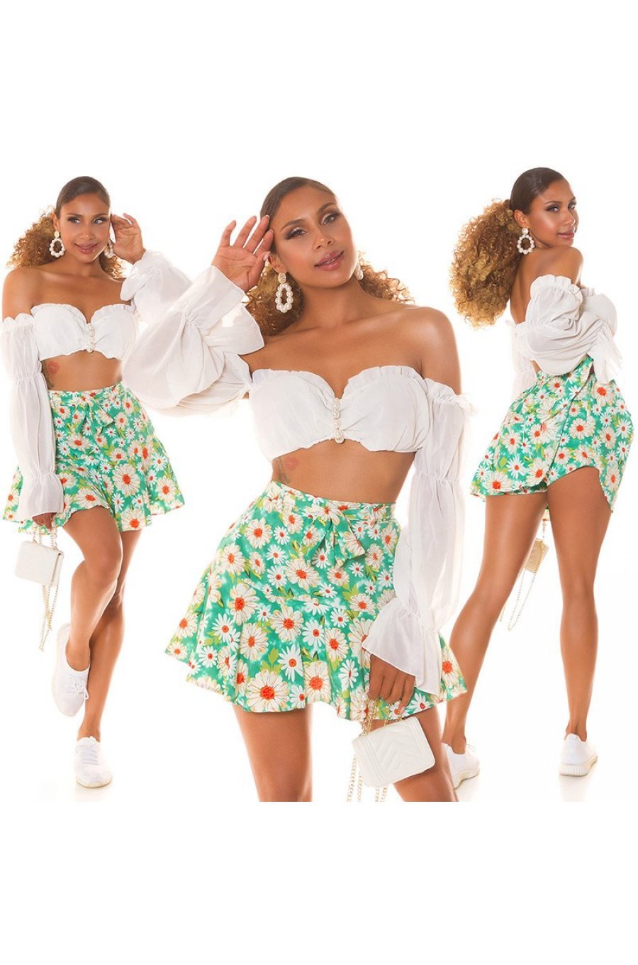 Fusta skort scurta, verde cu flori, cu volan si cordon, Marlina 8 - jojofashion.ro