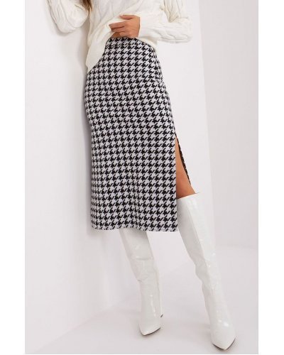 Fusta tip creion, din bumbac, midi, alba cu print negru, crapata pe picior, Aidra Fuste dama, Fusta tip creion, din bumbac, midi, alba cu print negru, crapata pe picior, Aidra - jojofashion.ro