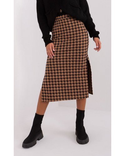Fusta tip creion, din bumbac, midi, maro cu print negru, crapata pe picior, Aidra - jojofashion.ro
