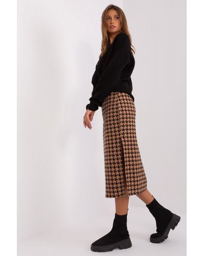 Fusta tip creion, din bumbac, midi, maro cu print negru, crapata pe picior, Aidra - jojofashion.ro