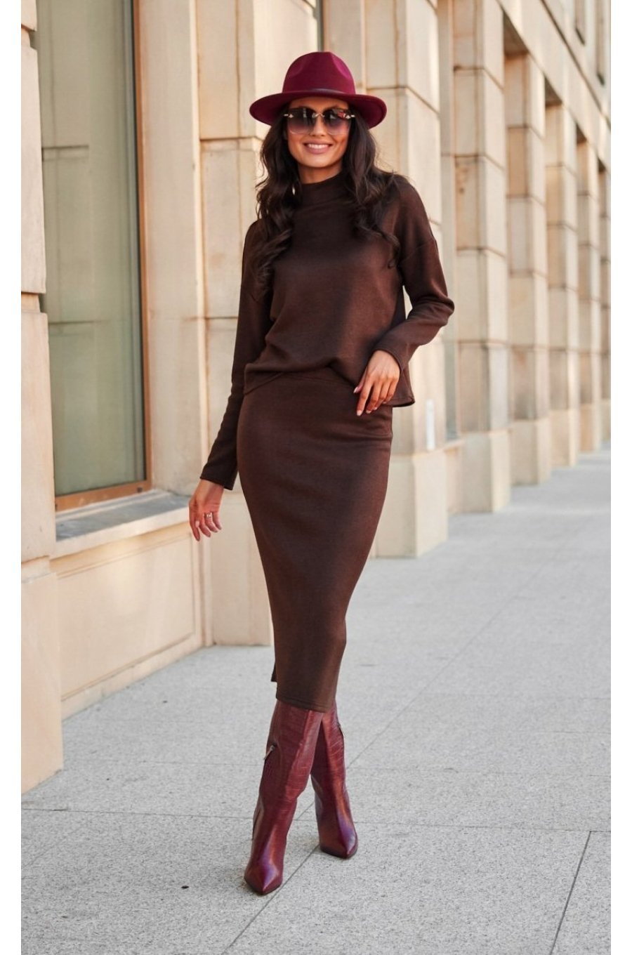 Fusta tip creion din vascoza, midi, maro, mulata, CarmenR 1 - jojofashion.ro