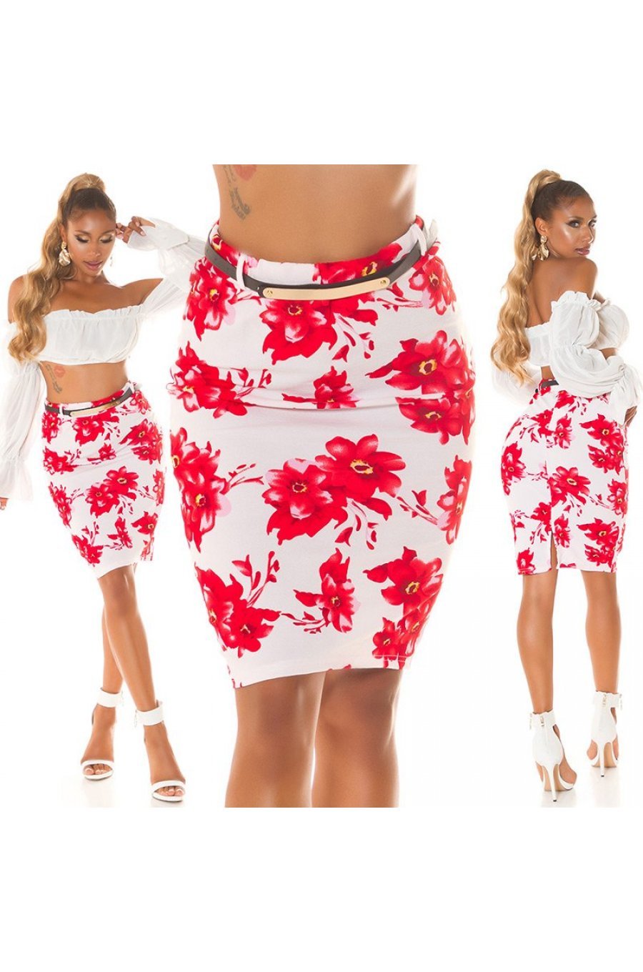 Fusta tip creion midi, alba cu flori rosii, mulata, Kieza Fusta tip creion midi, alba cu flori rosii, mulata, Kieza 6 - jojofashion.ro