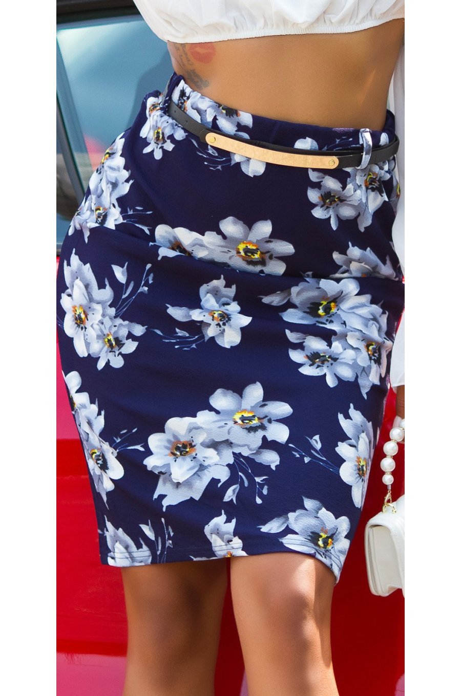 Fusta tip creion midi, bleumarin navy cu flori, mulata, Kieza Fusta tip creion midi, bleumarin navy cu flori, mulata, Kieza 1 - jojofashion.ro