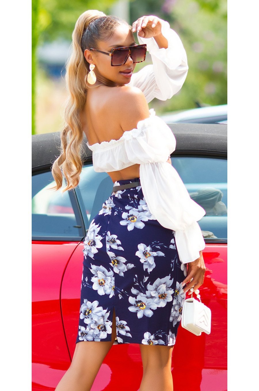 Fusta tip creion midi, bleumarin navy cu flori, mulata, Kieza Fusta tip creion midi, bleumarin navy cu flori, mulata, Kieza 2 - jojofashion.ro