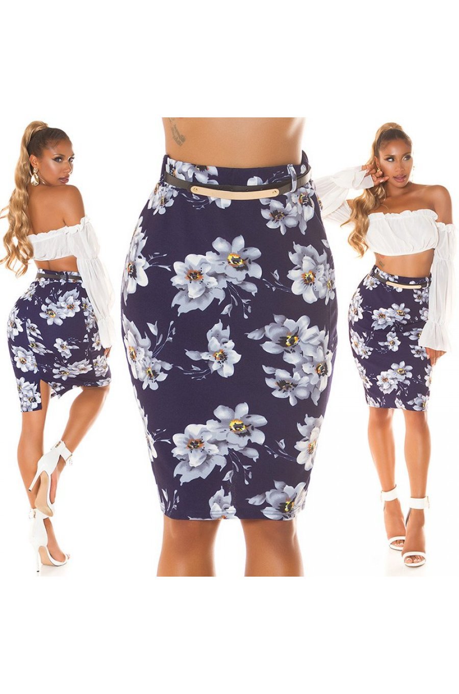 Fusta tip creion midi, bleumarin navy cu flori, mulata, Kieza Fusta tip creion midi, bleumarin navy cu flori, mulata, Kieza 6 - jojofashion.ro