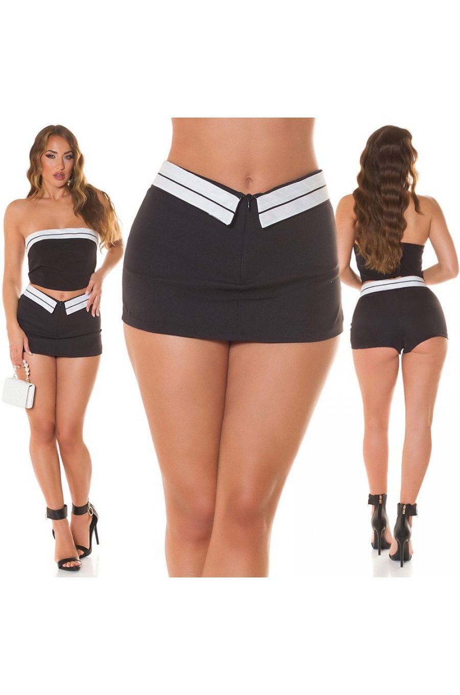Fusta tip skort scurta, neagra, cu banda alba in talie, Katiana 7 - jojofashion.ro