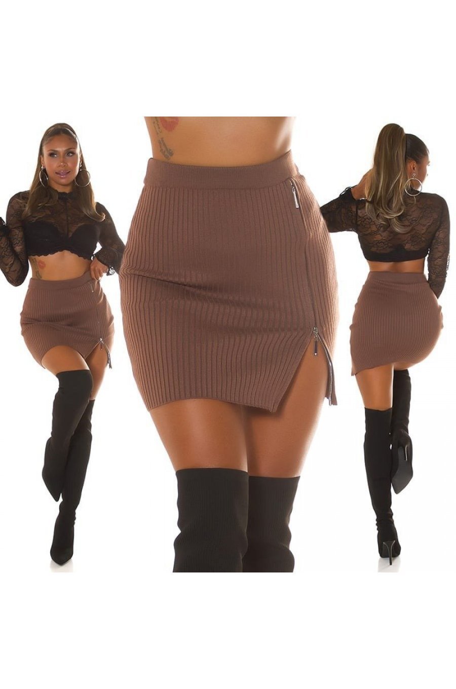 Fusta tricotata, din vascoza, scurta, maro, cu fermoar, Luane 8 - jojofashion.ro