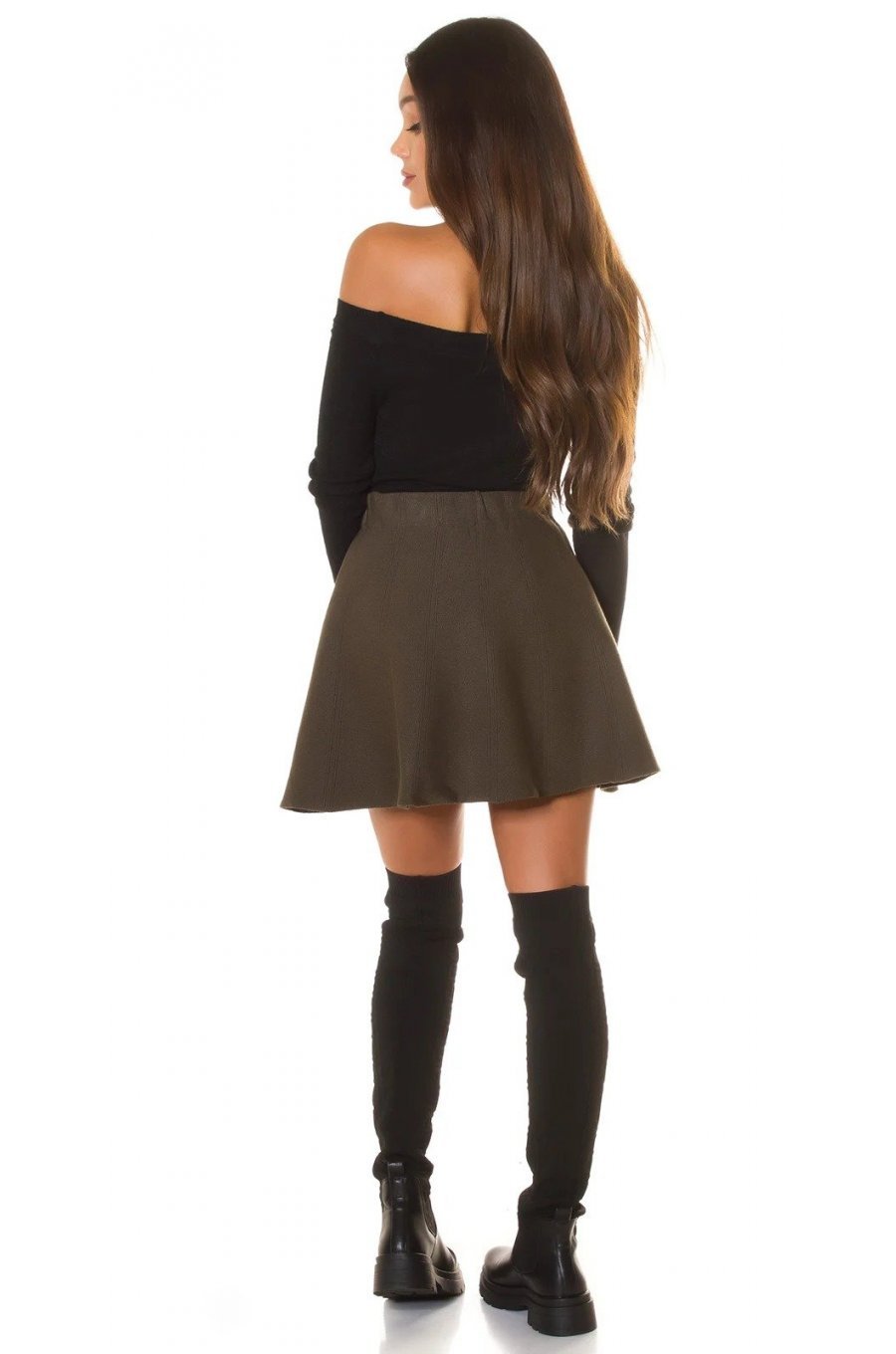 Fusta tricotata in clos scurta cu talia inalta kaki Szoknya 4 - jojofashion.ro