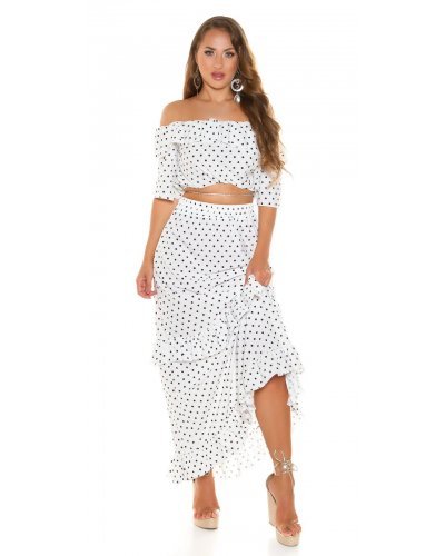 Tinuta din doua piese, fusta lunga alba cu bulinute negre si top, Esmeralda - jojofashion.ro