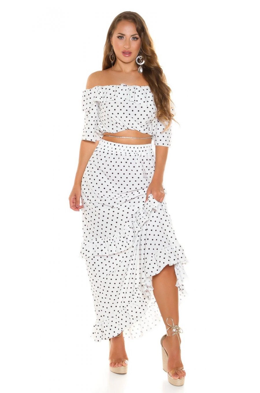 Tinuta din doua piese, fusta lunga alba cu bulinute negre si top, Esmeralda 1 - jojofashion.ro