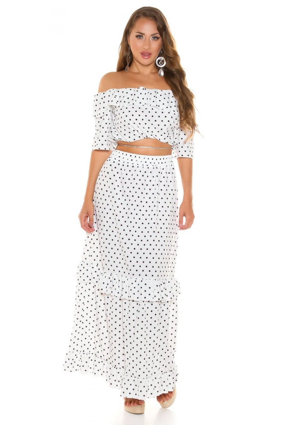 Tinuta din doua piese, fusta lunga alba cu bulinute negre si top, Esmeralda 2 - jojofashion.ro