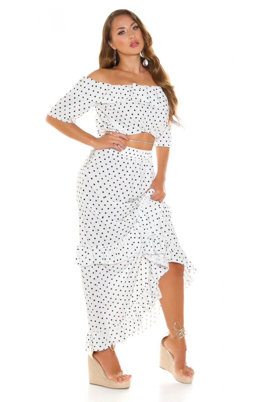 Tinuta din doua piese, fusta lunga alba cu bulinute negre si top, Esmeralda 3 - jojofashion.ro