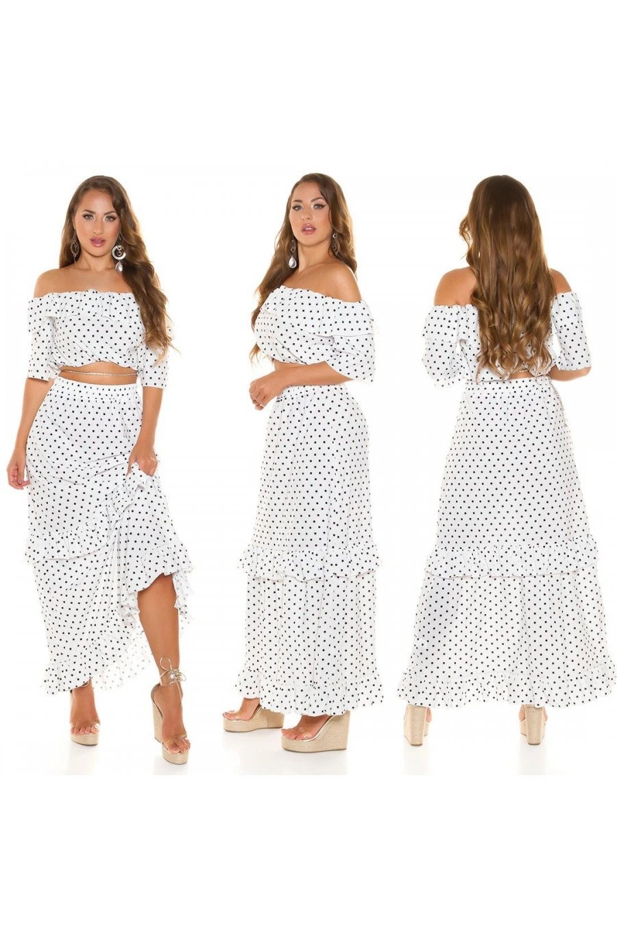 Tinuta din doua piese, fusta lunga alba cu bulinute negre si top, Esmeralda 4 - jojofashion.ro