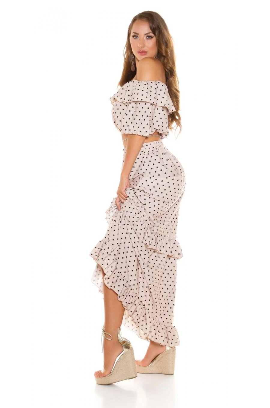 Tinuta din piese, bej cu bulinute negre, fusta lunga si top, Esmeralda 2 - jojofashion.ro