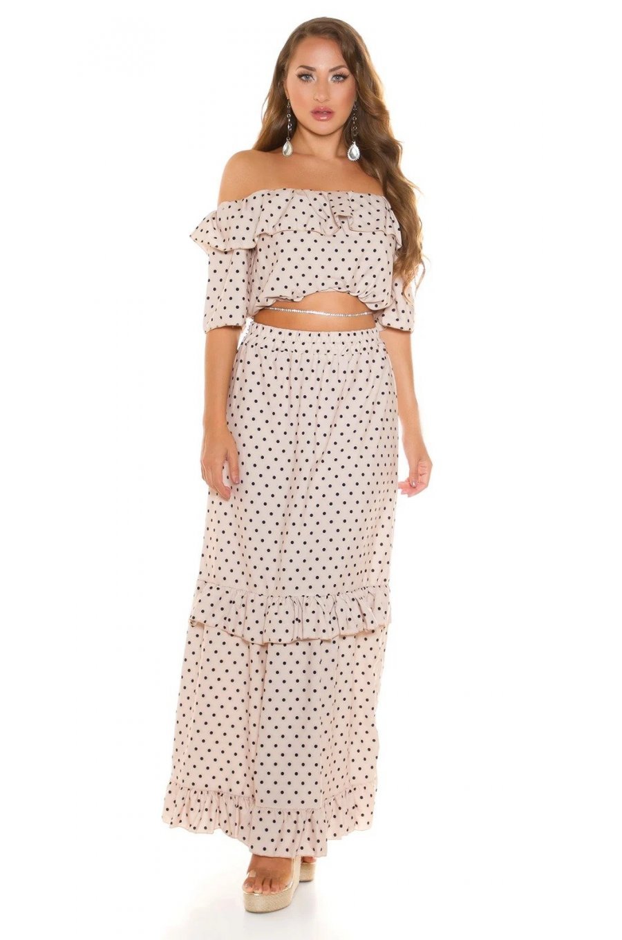 Tinuta din piese, bej cu bulinute negre, fusta lunga si top, Esmeralda 3 - jojofashion.ro