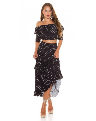 Tinuta din piese, neagra cu bulinute albe, fusta lunga si top, Esmeralda - jojofashion.ro