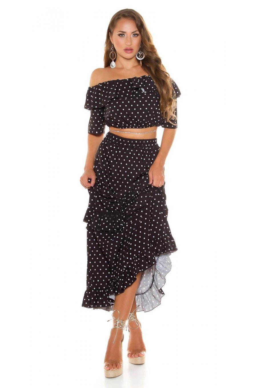 Tinuta din piese, neagra cu bulinute albe, fusta lunga si top, Esmeralda 1 - jojofashion.ro