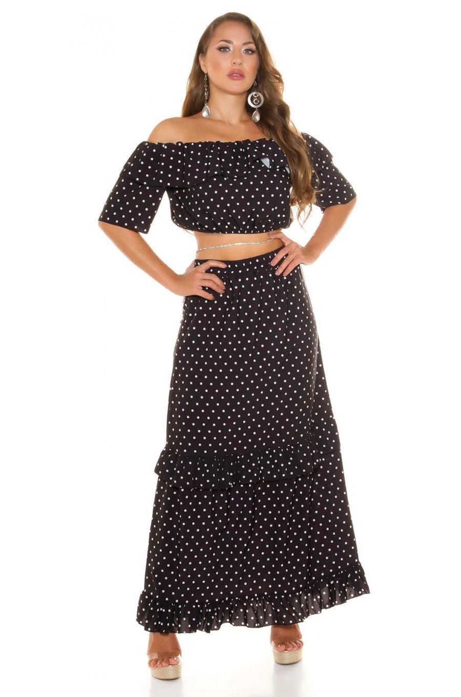 Tinuta din piese, neagra cu bulinute albe, fusta lunga si top, Esmeralda 3 - jojofashion.ro
