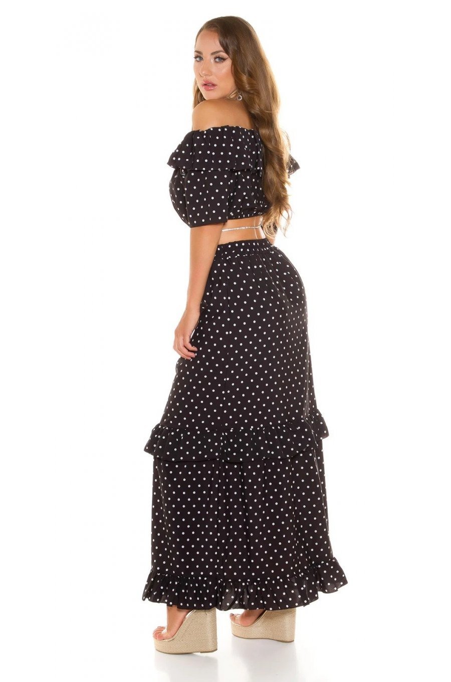 Tinuta din piese, neagra cu bulinute albe, fusta lunga si top, Esmeralda 4 - jojofashion.ro